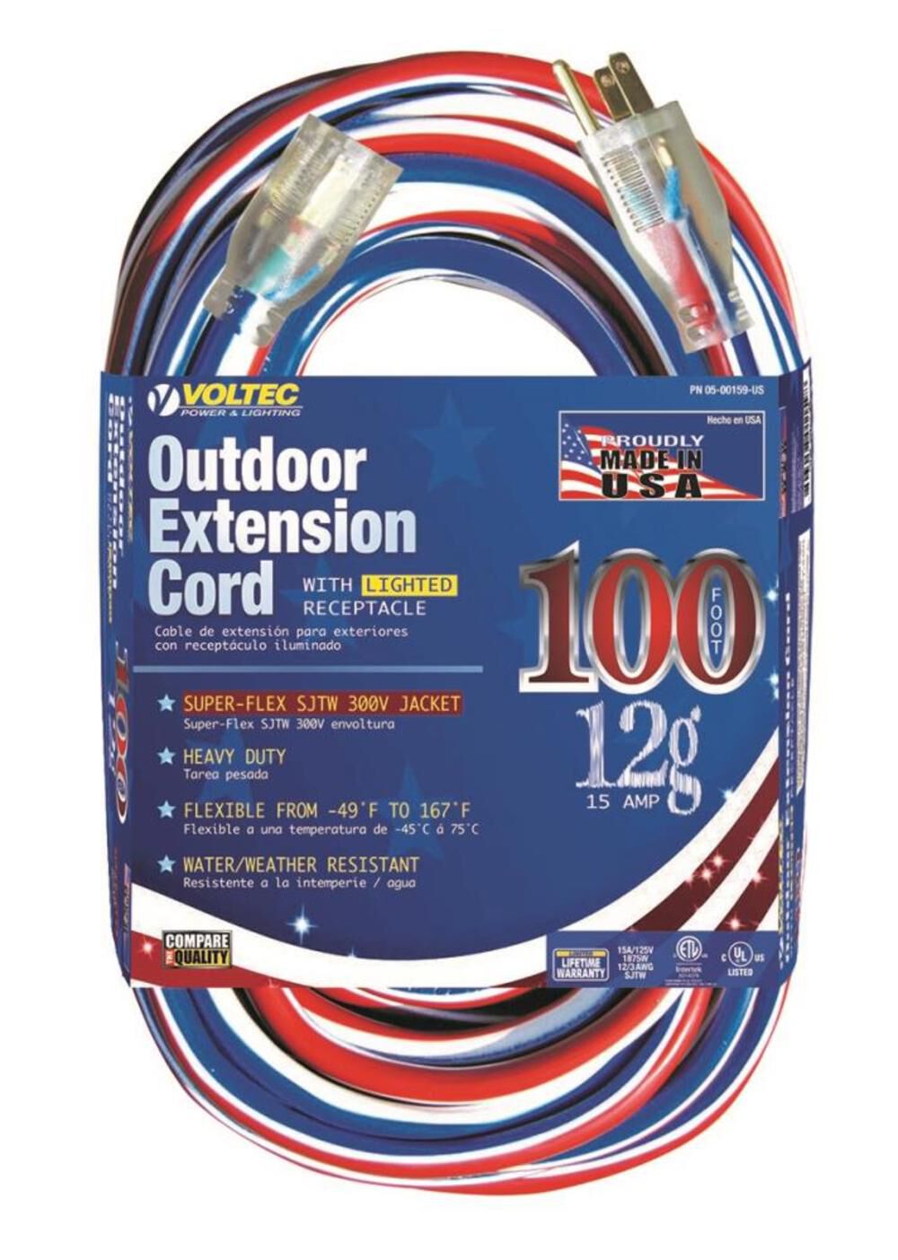 Voltec 100 Ft. 12/3 Sjtw Red/white/blue Extension Cord With Lighted Ends