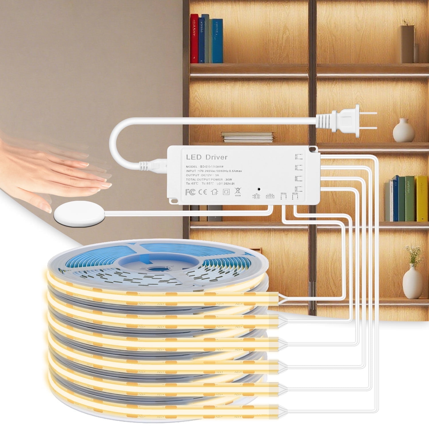 Shunlee 6.56ft COB LED Strip Light, 6 Rolls of 3000K Flexible COB LED for Acoustic Panel and Wood Slat Wall Panels Parallel with Dimmable Touch Sensor Switch, Cuttable for Wood Slat Lighting, Shelf