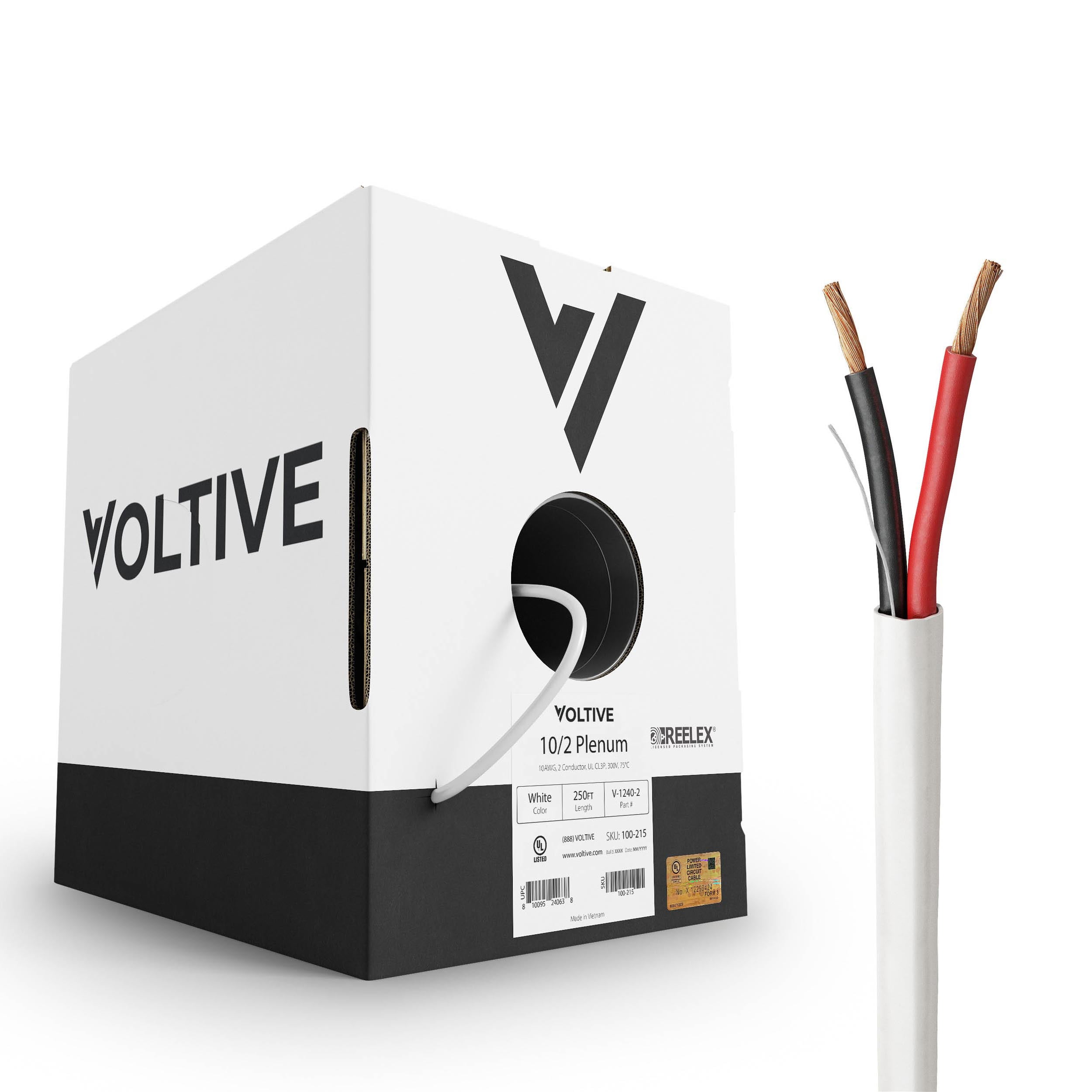 Voltive 10/2 Plenum Speaker Wire – 10 AWG 2-Conductor OFC Cable, 250 Ft, White, CL3P Rated