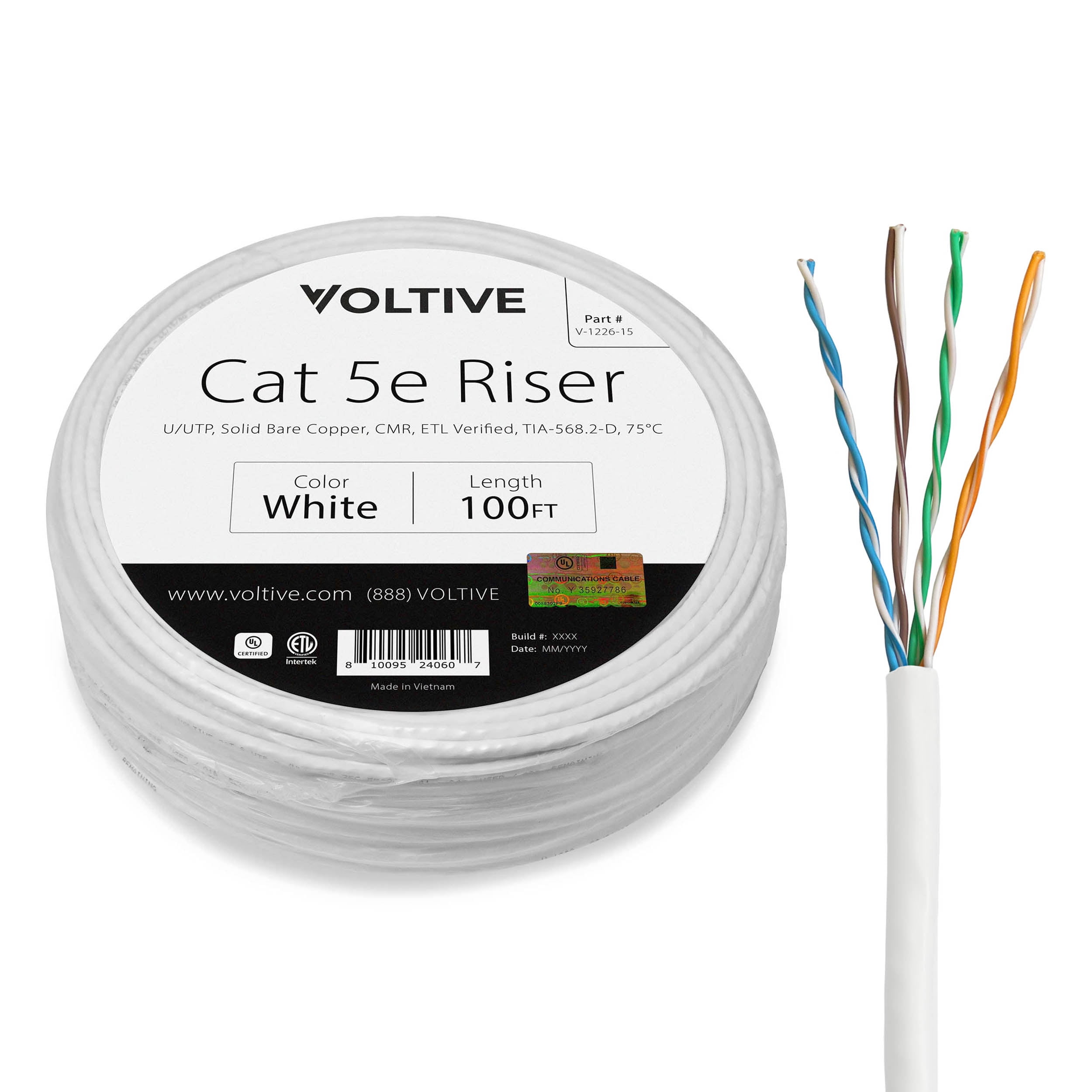 Voltive Cat5e Riser (CMR), 100ft, White Solid Bare Copper Bulk
