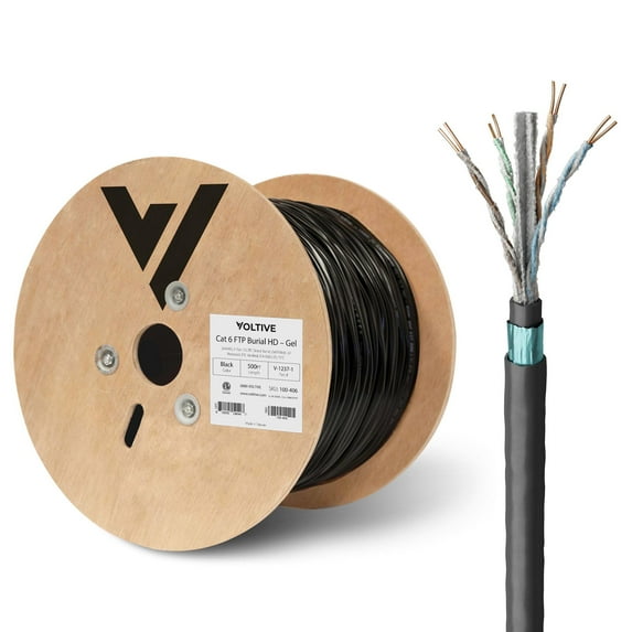 Voltive Cat6 Shielded Direct Burial HD, Gel Filled, 500ft, Black - UV Resistant - Solid Bare Copper Bulk Ethernet Cable - FTP - 400MHz - UL Certified & ETL Verified