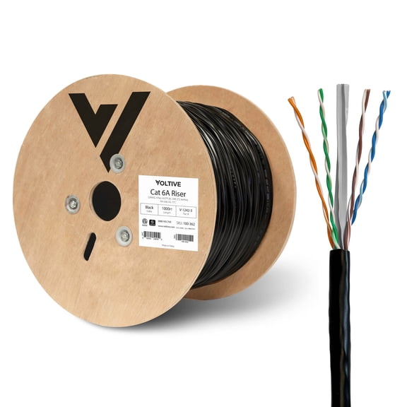 Voltive Cat6A Riser (CMR), 1000ft, Black - Solid Bare Copper Bulk Ethernet Cable - UTP - 500MHz - UL Certified & ETL Verified