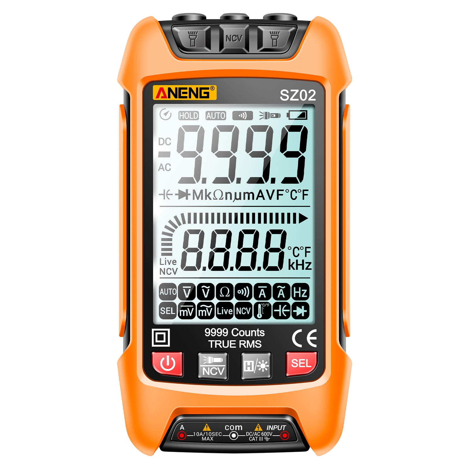 Voltmeter Digital SZ02 Smart Digital Multimeter Auto Range 9999 Counts NCV Universal Meter Handheld Multifunctional Tester Voltmeter Ammeter with Backlight Flashlight AC/DC Voltage