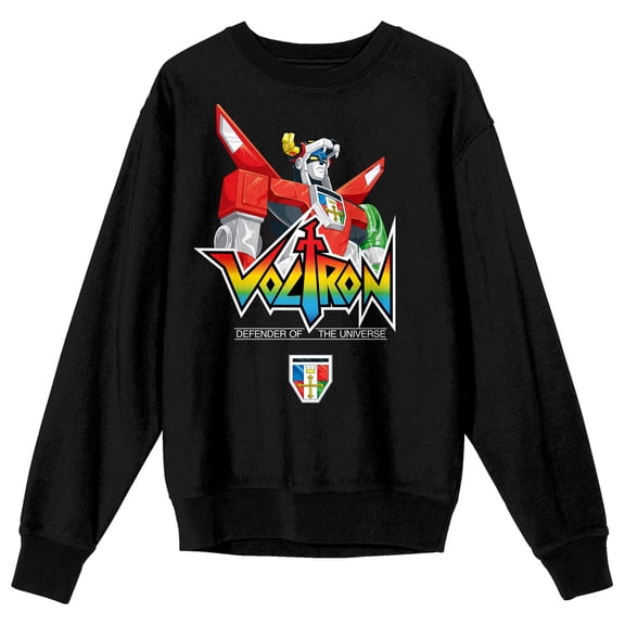 Voltron Defender Of The Universe Robot & Logo Crew Neck Long Sleeve Black Adult Sweatshirt-Large