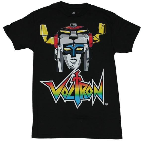 Voltron Mens T-Shirt - Classic Cartoon Head Over Colorful Logo Image (Small)