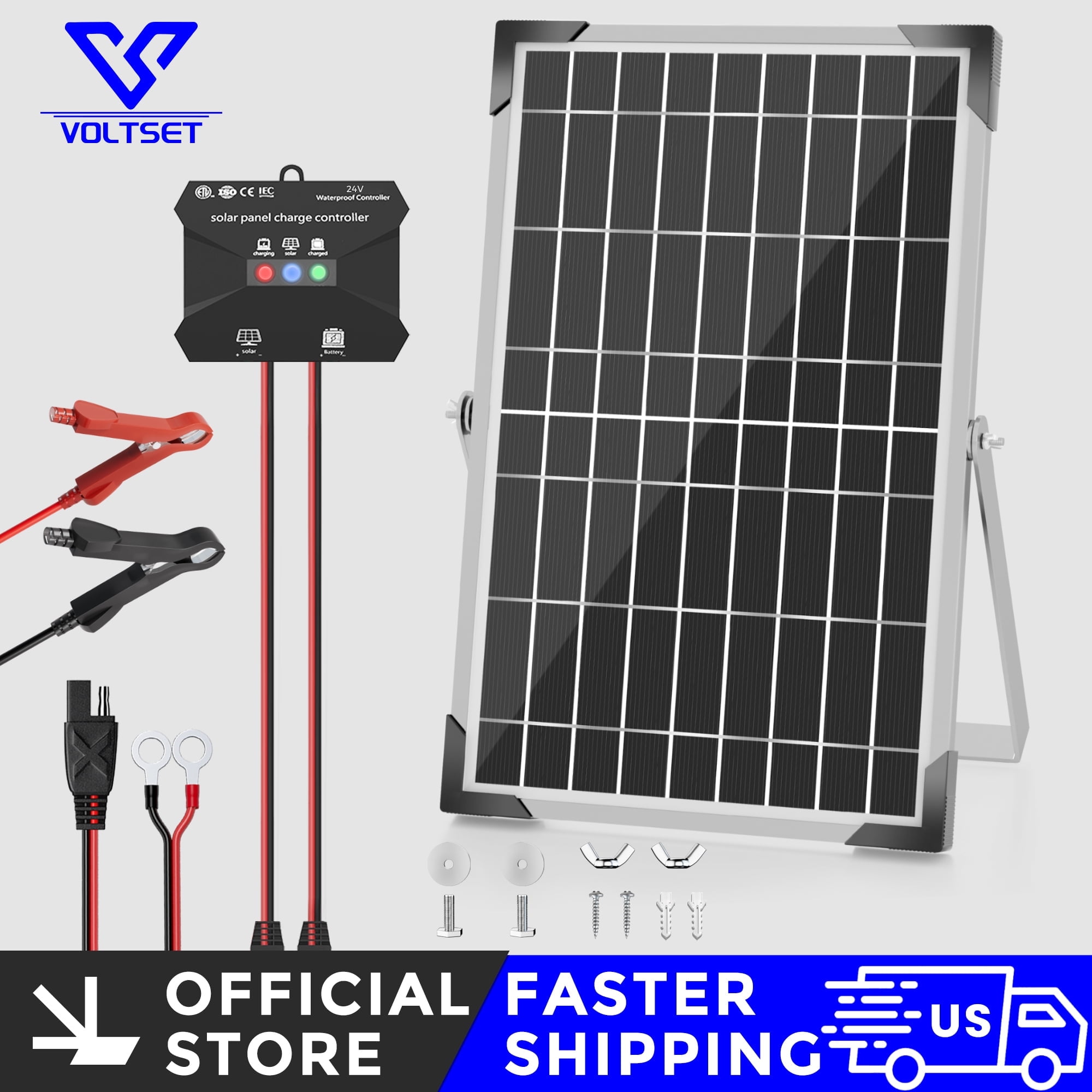 Voltset Solar Battery Trickle Charger: 10 Watt 12V Solar Panel Maintainer for Car Boat - Waterproof Monocrystalline Solar Charger with Controller for RV Marine Trailer Truck Motorcycle