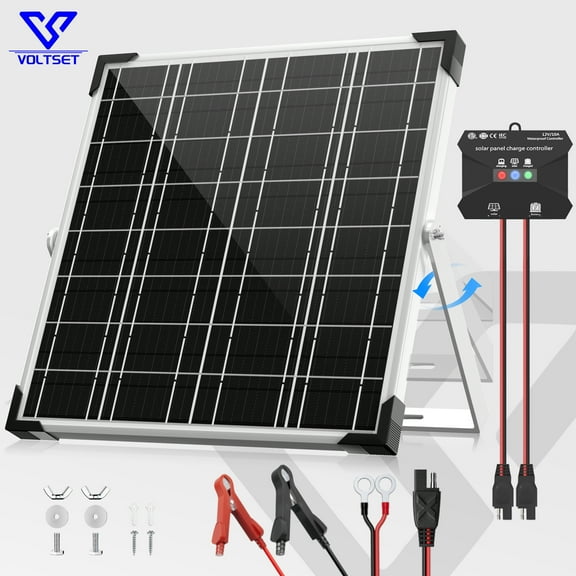 Voltset Solar Panel Kit 20W 12V, Solar Battery Trickle Charger Maintainer, Waterproof Solar Panel + Upgrade Charge Controller + Adjustable Mount Bracket for Boat RV Motorcycle Marine