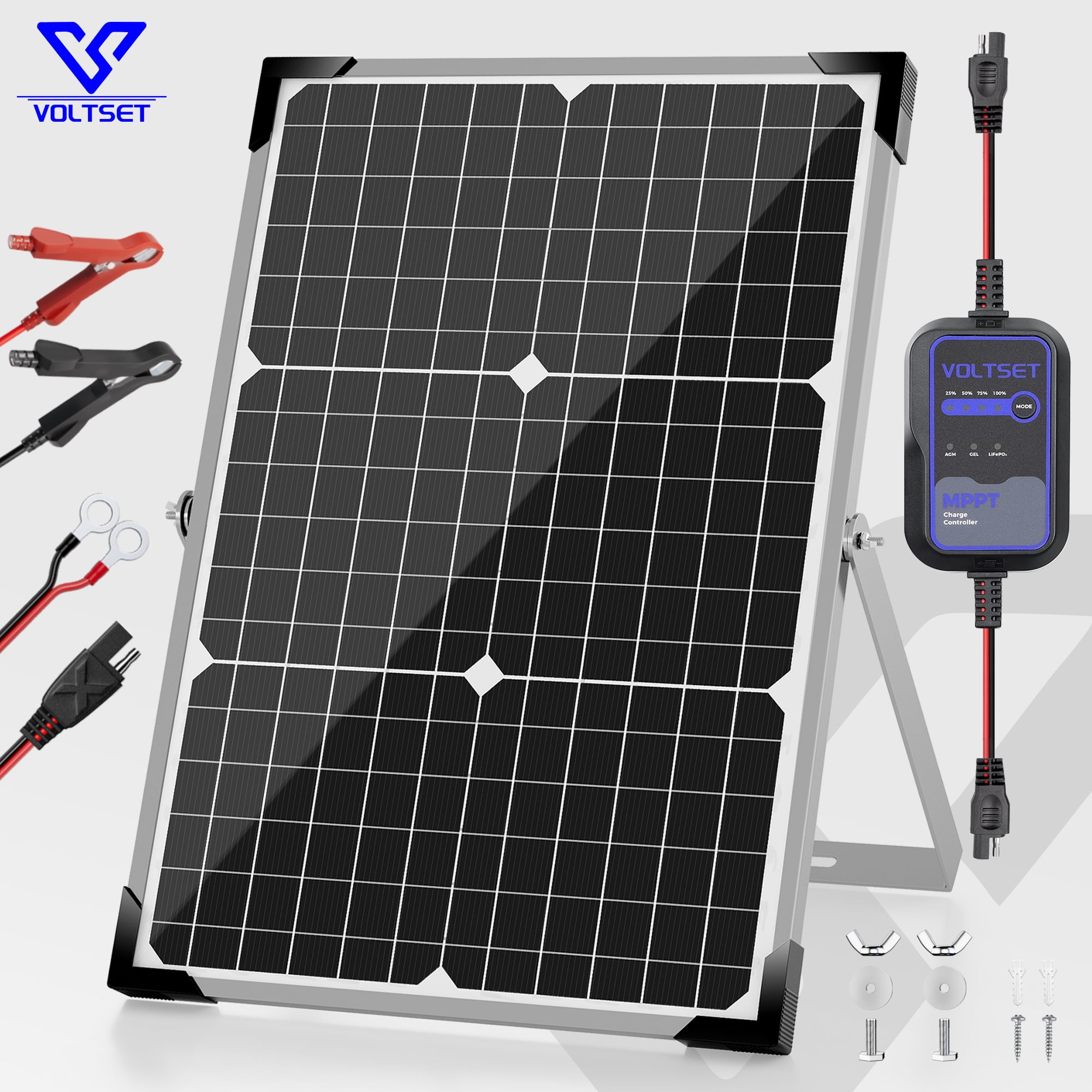 Voltset Solar Panel Kit 30W 12V with MPPT Controller, Solar Battery Trickle Charger Maintainer, Waterproof Solar Panel with Adjustable Mount Bracket for Boat RV Motorcycle Marine
