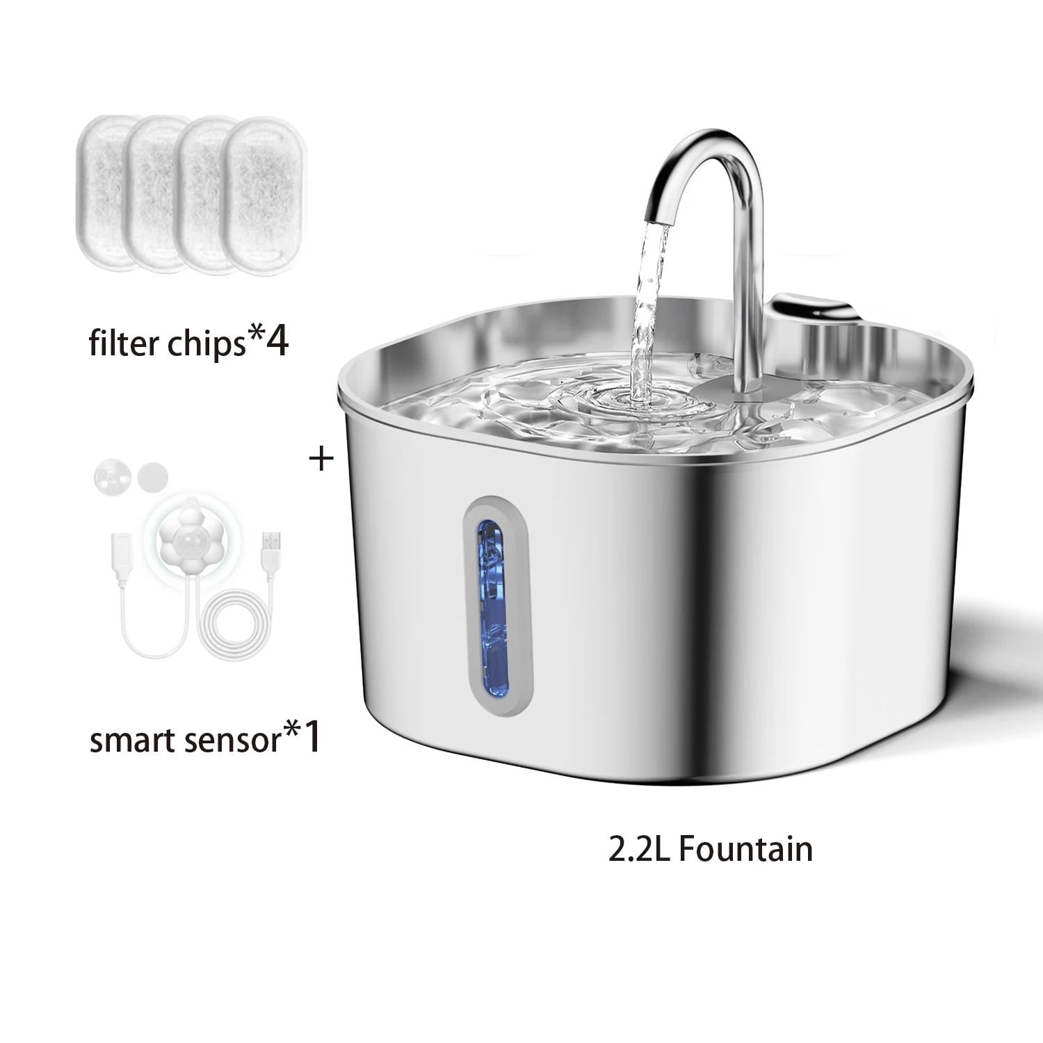VoluVibe 2.2L Automatic Cat Water Fountain Square Stainless Steel Pet Water Feeder Dog Water Fountain with window（No 5V 1A Plug）
