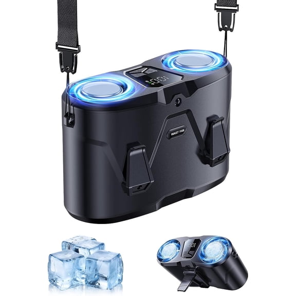 VoluVibe Dual-Motor Rechargeable Waist Fan with Ice Cooling, 25000 RPM High-Speed Neck Belt Clip-on Fan with 10 Gears, LED Display & Flashlight, Hands-Free Personal Fan for Work Outdoor Travel, Black