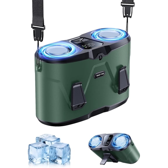 VoluVibe Dual-Motor Rechargeable Waist Fan with Ice Cooling, 25000 RPM High-Speed Neck Belt Clip-on Fan with 10 Gears, LED Display & Flashlight, Hands-Free Personal Fan for Work Outdoor Travel, Black