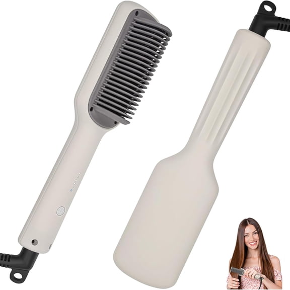 VoluVibe Hair Straightener Brush, Professional Ceramic Straightening Comb, Fast 30s Heating, Dual Voltage, 5 Temp Settings, Anti-Scald Design, White