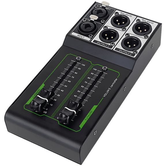 Volume Controller Passive Monitor, XLR Input, 2 Output, Studio Speaker Control Device, 2.75 in / 70 mm Fader, Lossless Sound, Compact Metal Body, Noise Shielding, Plug and Play Operation