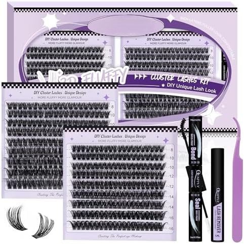 Volume Lash Clusters Kit 360 count 60D+80D Lash Cluster Eyelash Extensions 8-16mm Lash Clusters Kit with Lash Bond and Seal Lash Remover and Lash Tweezers Easy DIY at