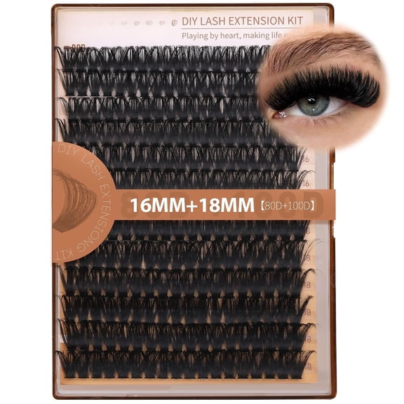 Volume Lash Clusters Kit DIY Lash Extension Kit D Curl Eyelash Extensions with Waterproof Lash Bond and Seal Waterproof Tweezers,Only 16-18MM, 80D+100D