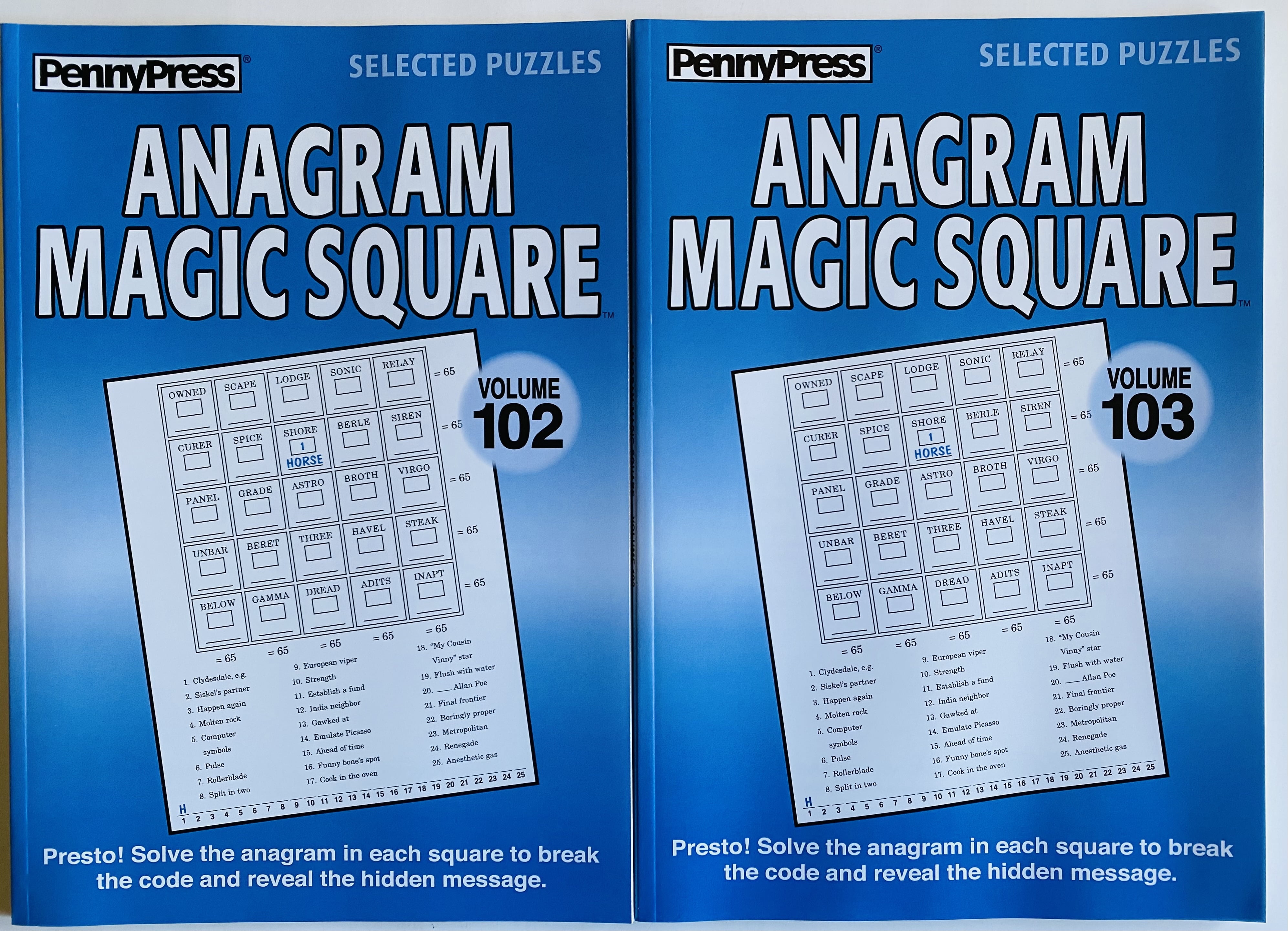 Volume numbers 102 and 103 Anagram Magic Squares Puzzles - Break the code