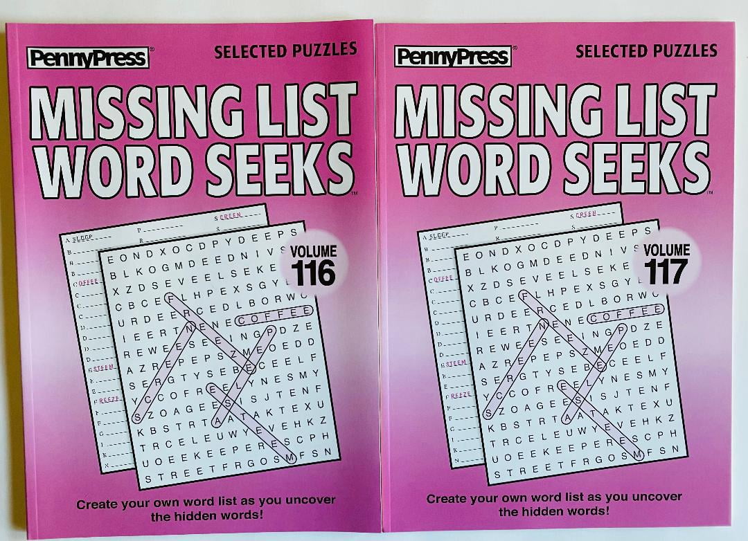Volumes 116 and 117 of the Missing List Word Search Seek Puzzles from the Penny Press Selected Puzzle Series