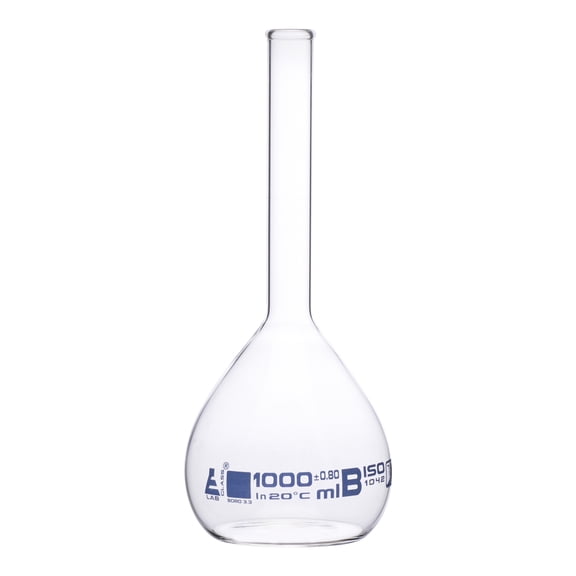 Volumetric Flask, 1000ml - Class B - Borosilicate Glass - Blue Graduation, Tolerance 0.800 - No Stopper, Beaded Rim - Eisco Labs