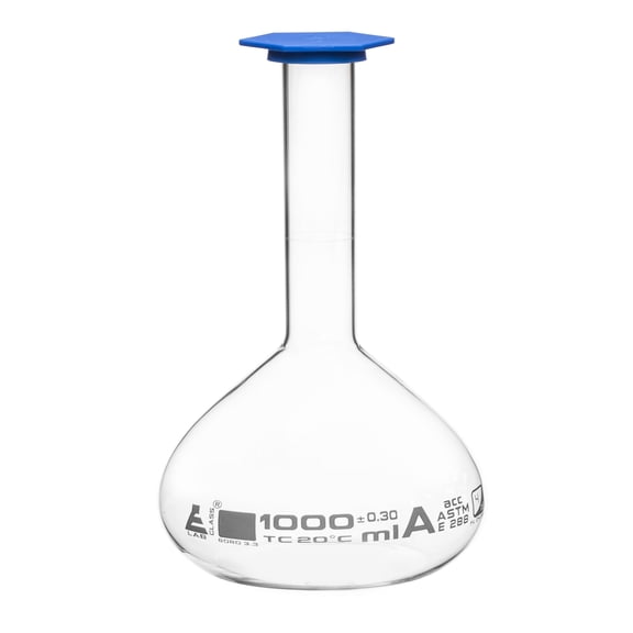 Volumetric Flask, 1000ml - Class A, ASTM - Snap Cap - White Graduation Mark, Tolerance 0.300ml - Eisco Labs