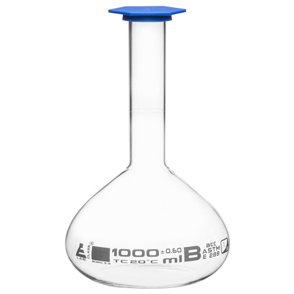 Volumetric Flask, 1000ml - Class B, ASTM - Snap Cap - White Graduation Mark, Tolerance 0.600ml - Eisco Labs