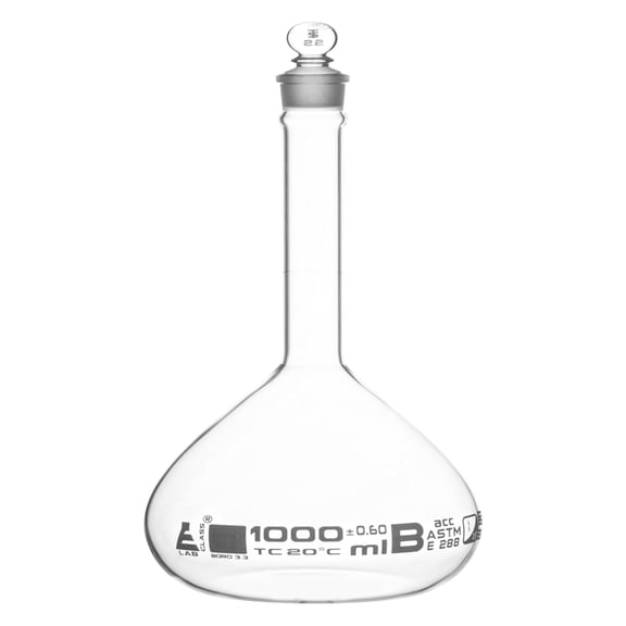 Volumetric Flask, 1000ml - Class B, ASTM - Tolerance 0.600 ml - Glass Stopper -  Single, White Graduation - Eisco Labs
