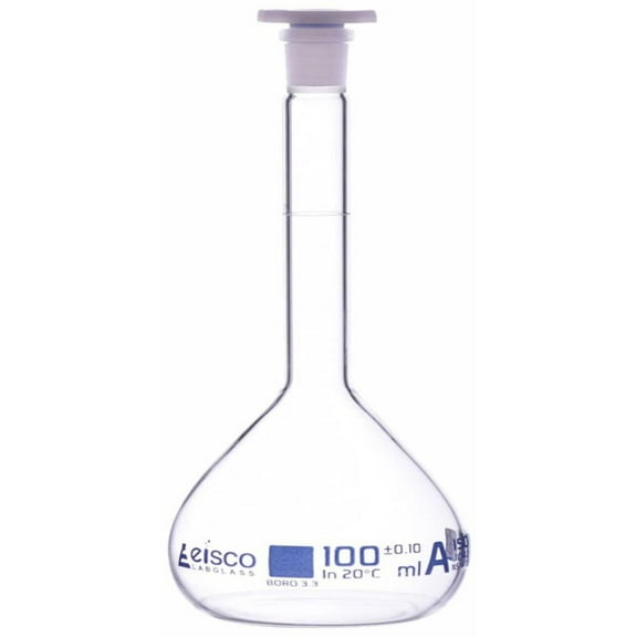 Volumetric Flask, 100mL - Class A - Borosilicate Glass, Polyethylene Stopper, 14/23 Socket - QR Code Marking for Calibration Certificate - Eisco Labs