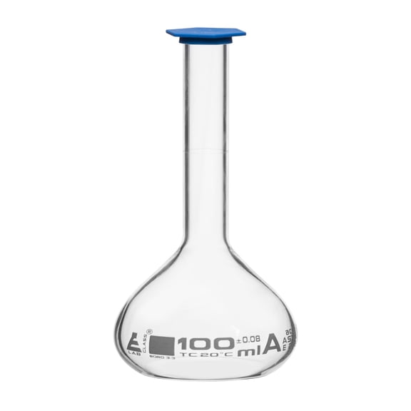 Volumetric Flask, 100ml - Class A, ASTM - Snap Cap - White Graduation Mark, Tolerance ±0.080ml - Borosilicate Glass - Eisco Labs