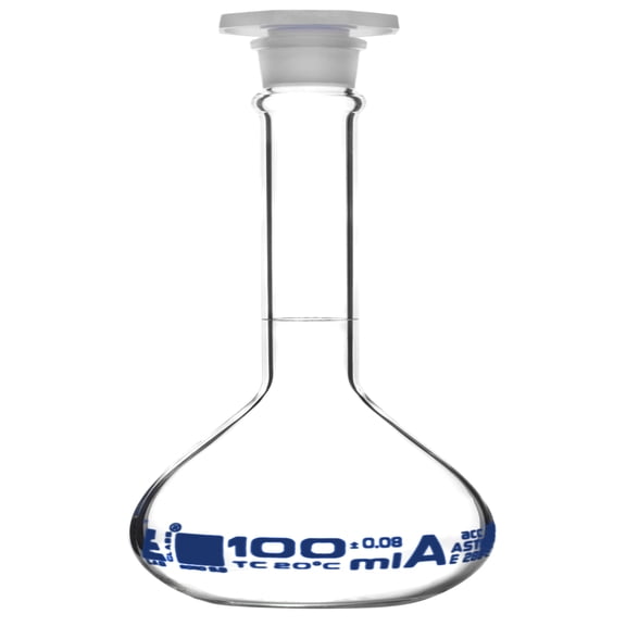 Volumetric Flask, 100ml - Class A, ASTM - Tolerance 0.08ml - Polypropylene Stopper - Single, White Graduation - Borosilicate Glass - Eisco Labs