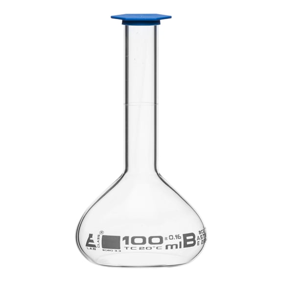 Volumetric Flask, 100ml - Class B, ASTM - Tolerance 0.160ml - Snap Cap - Single, White Graduation - Borosilicate Glass - Eisco Labs