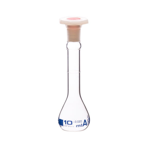 Volumetric Flask, 10ml - Class A, ASTM - Tolerance 0.02ml - Polypropylene Stopper - Single, White Graduation - Borosilicate Glass - Eisco Labs