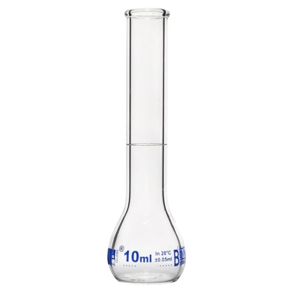 Volumetric Flask, 10ml - Class B - Borosilicate Glass - Blue Graduation, Tolerance 0.050 - No Stopper, Beaded Rim - Eisco Labs