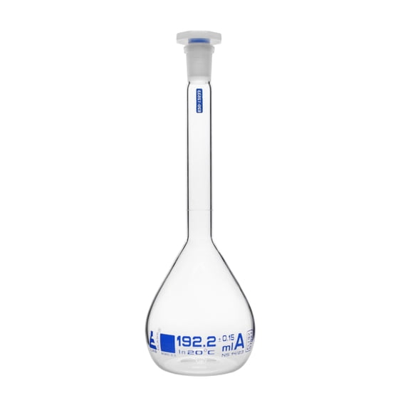Volumetric Flask, 192.2mL - Class A - Tolerance ±0.15mL - Includes Calibration Certificate - Interchangeable 14/23 Polyethylene Stopper - White Graduation Mark - Borosilicate Glass - Eisco Labs