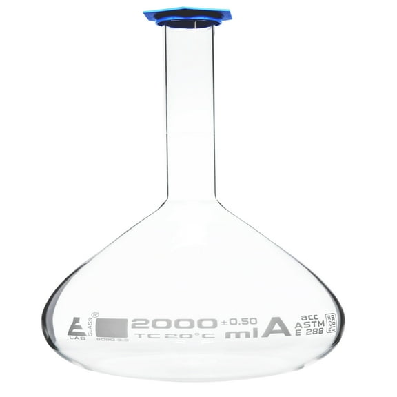 Volumetric Flask, 2000ml - ASTM, Class A - Snap Cap - Borosilicate 3.3 Glass - Eisco Labs