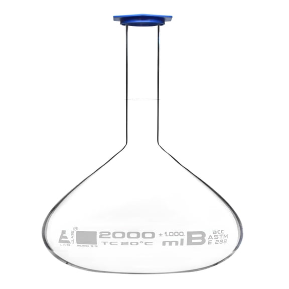 Volumetric Flask, 2000ml - ASTM, Class B Tolerance 0.1000 ml - Blue Snap Cap - Single, White Graduation, White Printed Specifications - Borosilicate 3.3 Glass - Eisco Labs