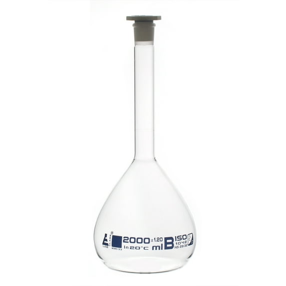Volumetric Flask, 2000ml Capacity, Socket Size 29/32, Borosilicate Glass with Chemical Resistant Polypropylene Stopper - Eisco Labs