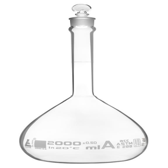 Volumetric Flask, 2000ml - Class A, ASTM - Tolerance 0.500 ml - Glass Stopper - Single, White Graduation - Eisco Labs