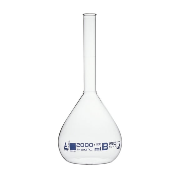 Volumetric Flask, 2000ml - Class B - Beaded Rim - Single White Graduation Mark, Borosilicate Glass - Eisco Labs