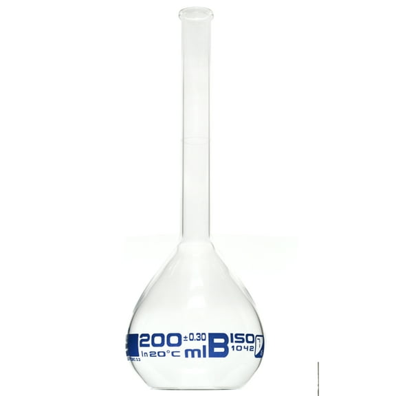 Volumetric Flask, 200ml Capacity, Rimmed Neck, Borosilicate Glass - Eisco Labs