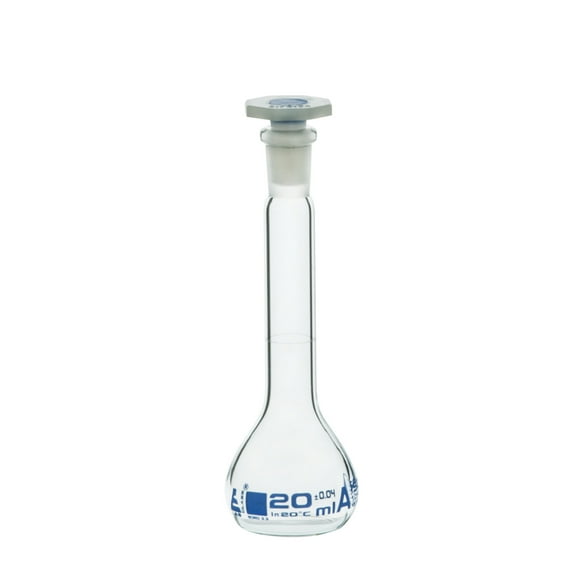 Volumetric Flask, 20ml - Class A - 10/19 Polyethylene Stopper, Borosilicate Glass - Blue Graduation, Tolerance Â±0.040 - Eisco Labs