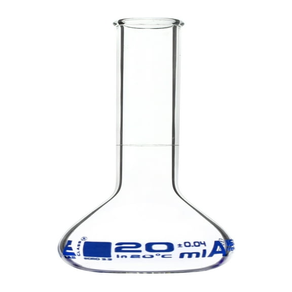 Volumetric Flask, 20ml - Class A Tolerance ±0.04ml - Beaded Rim - Single White Graduation, Blue Printed Specifications - Borosilicate 3.3 Glass - Eisco Labs