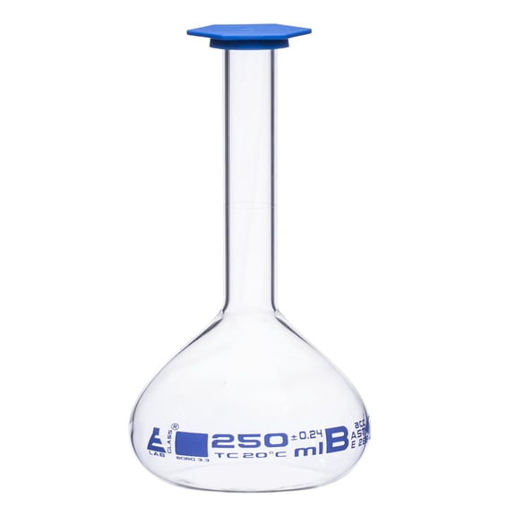 Volumetric Flask, 250ml - Class B, ASTM - Snap Cap - Blue Graduation Mark, Tolerance 0.240ml - Eisco Labs