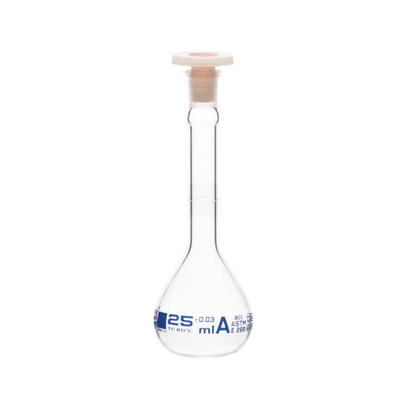 Volumetric Flask, 25ml - Class A, ASTM - Tolerance ±0.03ml - Polypropylene Stopper - Single, White Graduation - Borosilicate Glass - Eisco Labs