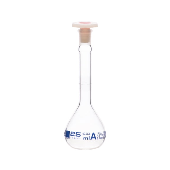 Volumetric Flask, 25ml - Class A, ASTM - Tolerance ±0.03ml - Polypropylene Stopper - Single, White Graduation - Borosilicate Glass - Eisco Labs