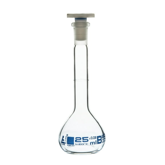 Volumetric Flask, 25ml - Class B - 10/19 Polyethylene Stopper, Borosilicate Glass - Blue Graduation, Tolerance ?0.080 - Eisco Labs