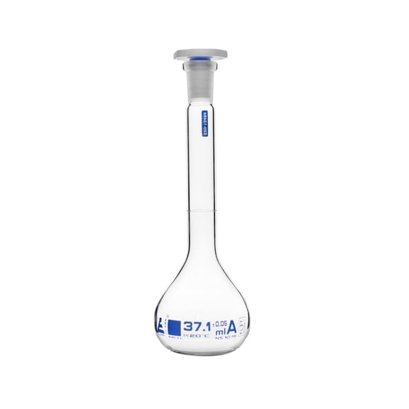 Volumetric Flask, 37.1mL - Class A - Tolerance 0.05mL - Includes Calibration Certificate - Interchangeable 10/19 Polyethylene Stopper - White Graduation Mark - Borosilicate Glass - Eisco Labs