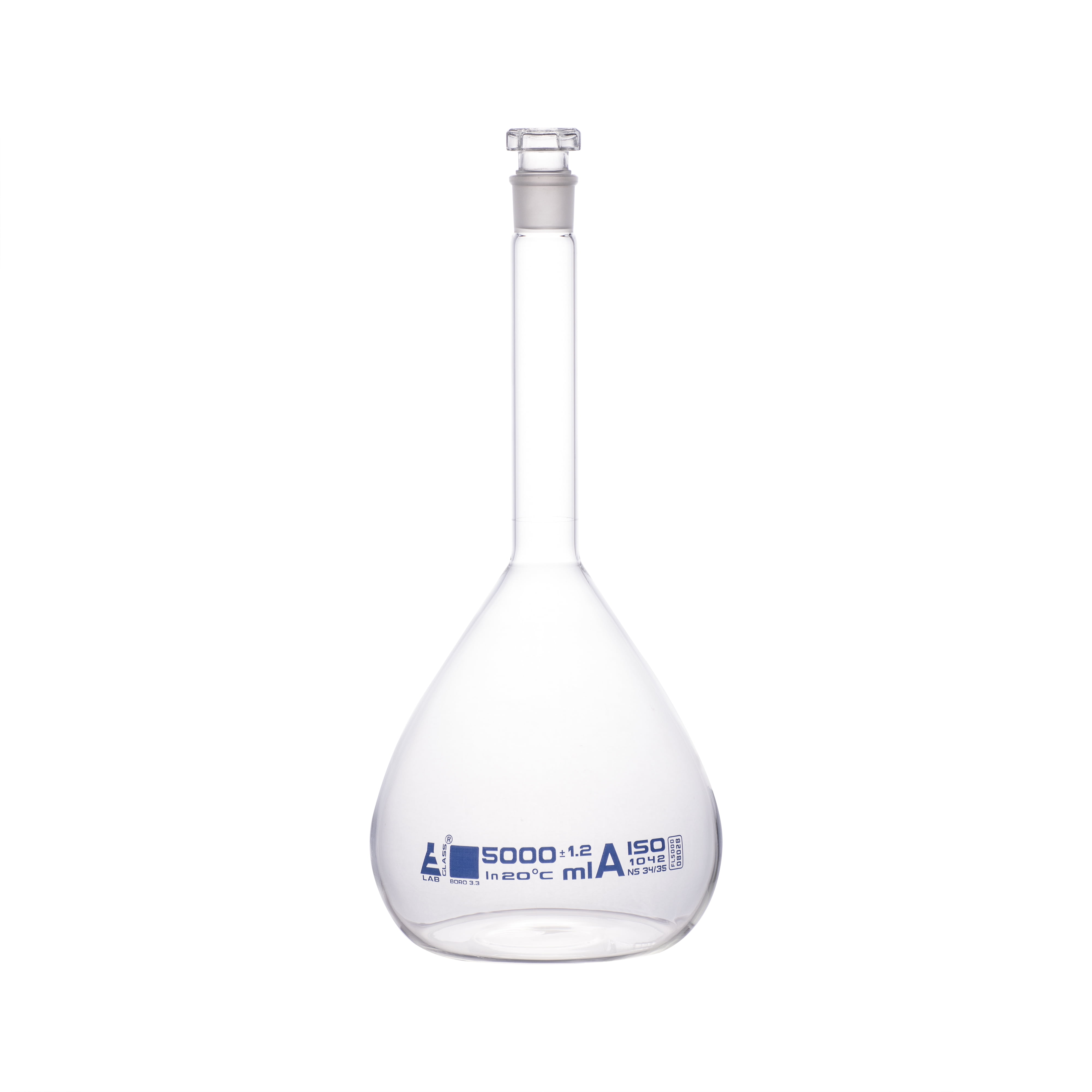 Eisco Volumetric Flask, 5000ml Class A Hexagonal, Hollow Glass Stopper