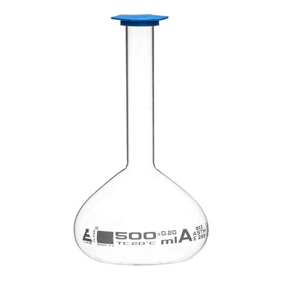 Volumetric Flask, 500ml - Class A, ASTM - Tolerance Â±0.200ml - Blue Snap Cap - Single, White Graduation - Borosilicate Glass - Eisco Labs