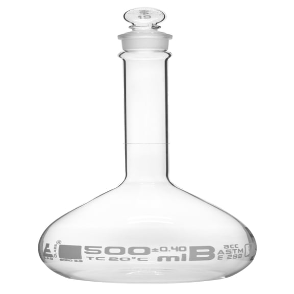 Volumetric Flask, 500ml - Class B, ASTM - Tolerance 0.400 ml - Glass Stopper - Single, White Graduation - Eisco Labs