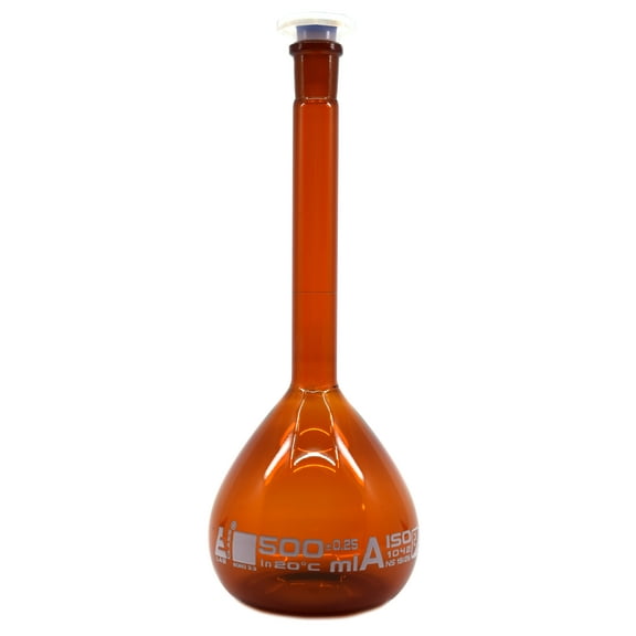 Volumetric Flask, 500ml capacity, with Polypropylene Stopper - Amber Colored Borosilicate Glass - Eisco Labs