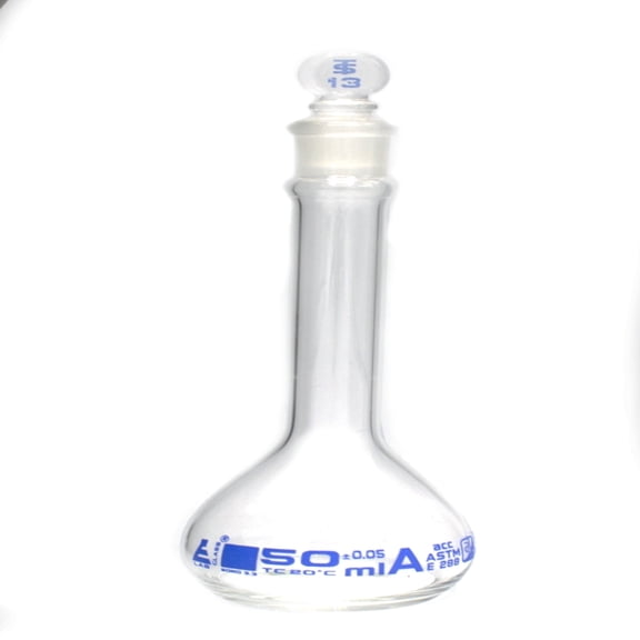 Volumetric Flask, 50ml - Class A, ASTM - Tolerance Â±0.050 ml - Glass Stopper - Single, Blue Graduation - Eisco Labs